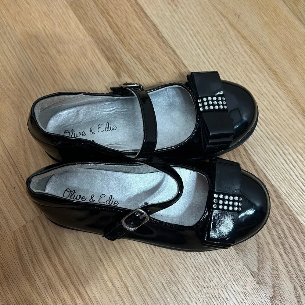Olive & Edie Black Bow Dress Shoes Mary Jane Flats Sz 9 Kids Toddler Girls